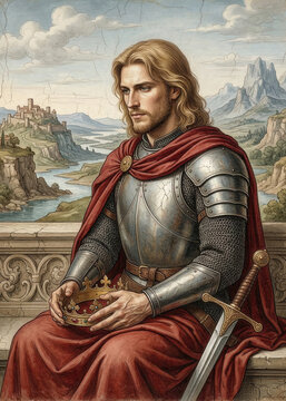 Armored Knight with Red Cloak Overlooking River Valley, Classical Oil Painting Style