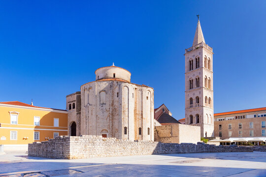 Roman forum, historic square and cathedral of st. Donat in Zadar, Dalmatia, Croatia