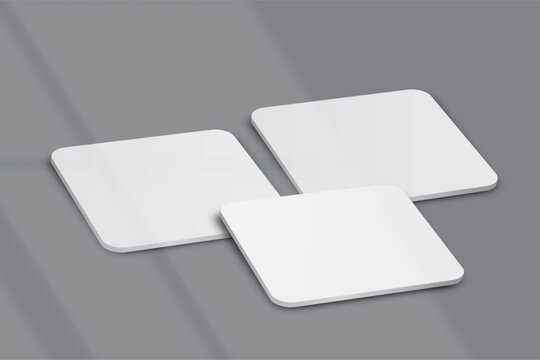 Bank white square coasters with rounded corners and soft shadows, creating a clean mockup for beverage branding, cafe menus, packaging, tabletop products, cup holder, table surface protector and Ads