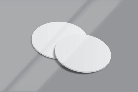Bank white round coasters with soft shadows, creating a clean minimalist mockup for beverage branding, cafe menus, packaging, tabletop products, cup holder, table surface protector and product Ads