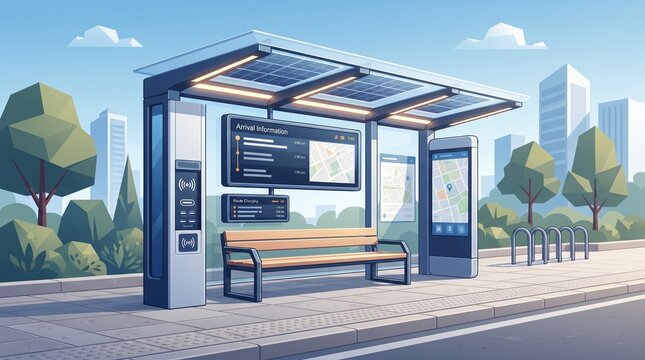 Smart Bus Stop with Digital Arrival Display Solar Roof and Charging Station, flat illustration for public transportation, smart city, mobility and urban technology.