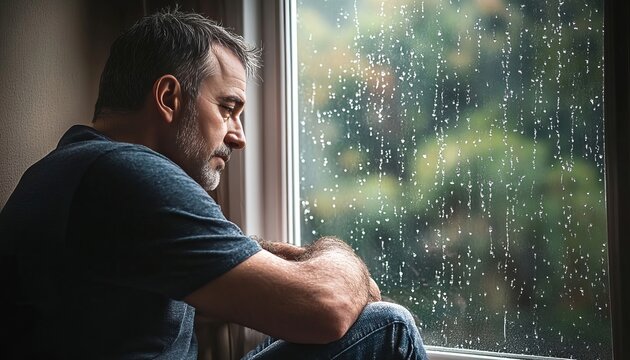 Sad Middle Aged Man Thinking While Sitting by Window Inside on a Rainy Day Mental Health Concept