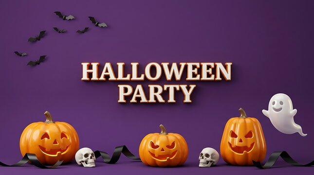 Halloween party banner featuring orange jack o lanterns skulls and a white ghost on purple background