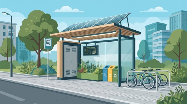 Eco Friendly Smart Bus Shelter with Solar Panels LED Lighting and Green Features, flat design illustration for sustainable transport, renewable energy and smart cities.