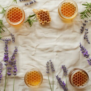 Top-down flat lay shot for natural honey branding. Real bee honeycomb frames, sprigs of lavender, and small glass jars 
