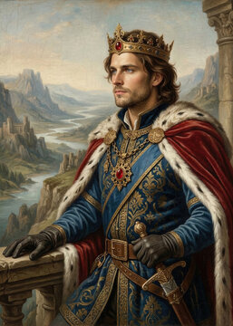Noble Young Medieval King in Crown and Ermine Royal Cloak with Mountain Landscape, Classic Portrait