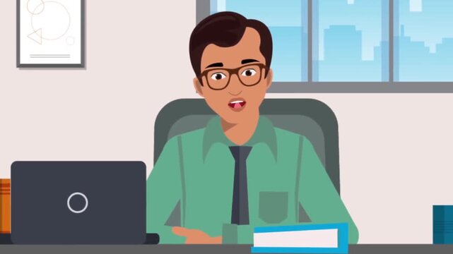 2D animation close up of a businessman with glasses sitting at desk talking and explaining video call speaker