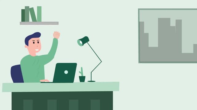 2D animation of a man sitting at an office desk in front of a laptop computer waving his hand friendly greeting
