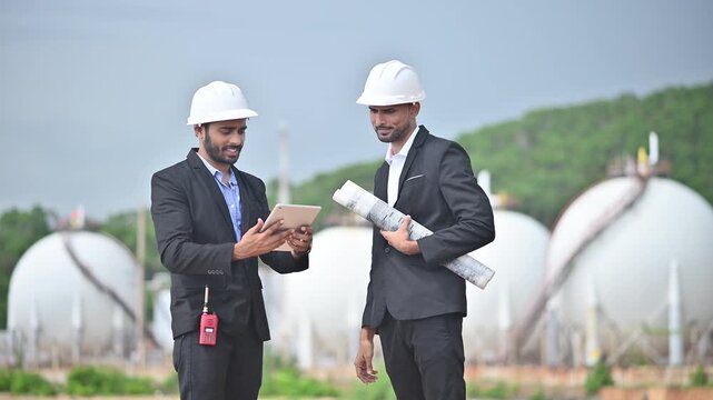 Engineers wearing safety gear, including hard hats examining survey a large blueprint tablet standing industrial facility gas or oil refinery engaged in a job requires high safety standards concept.	