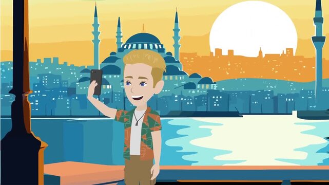 2D animation of a blonde male tourist taking a selfie with smartphone near a landmark city skyline at golden hour