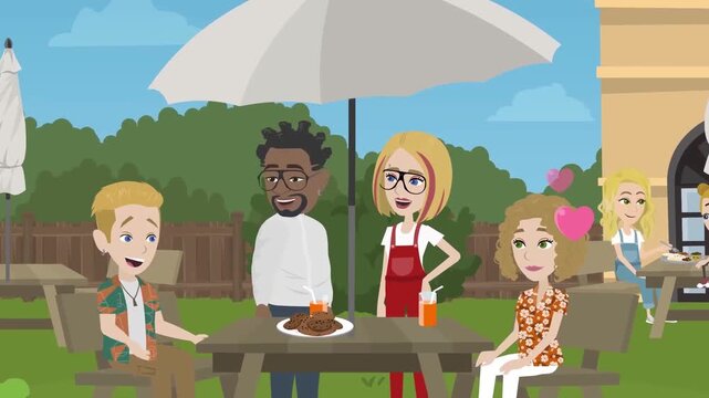 2D animation of a diverse group of friends eating and chatting at an outdoor restaurant cafe patio under umbrella