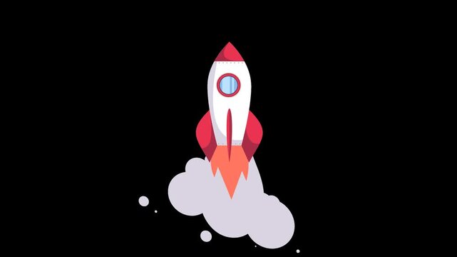 Animated rocket ship launching with smoke on transparent background