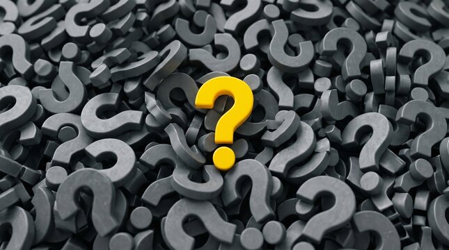 A bright yellow question mark stands out among a large pile of dark grey question marks, symbolizing inquiry, uniqueness, and seeking answers.
