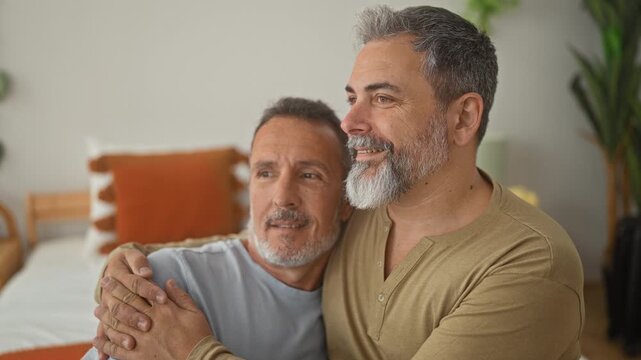 Man hugs partner on bed in bedroom, hands clasped and faces close, bearded man smiling as they lean together near pillows and a houseplant; tenderness comfort.