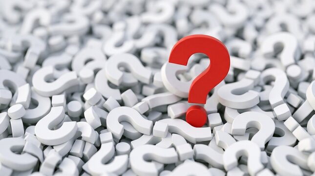 A single red question mark stands out among a sea of white question marks, symbolizing a central problem or unanswered question.