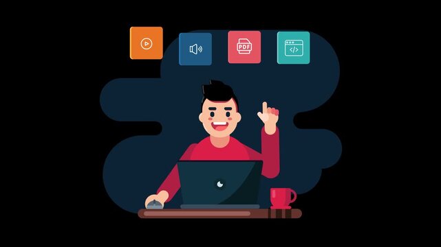 Animated man working on laptop with digital file icons on transparent background