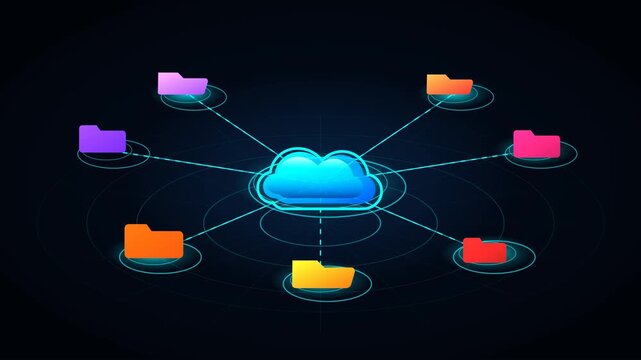 Cloud storage network with colorful folders on dark background