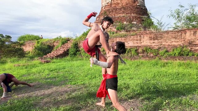 Muay Thai Fighters Sparring at Ancient Ayutthaya Temple Ruins