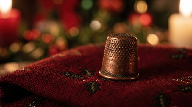 Resting a vintage metal thimble on festive red fabric