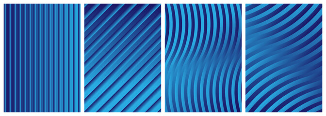 Obraz premium Four-panel blue abstract background set featuring vertical, diagonal and wavy striped patterns with smooth gradients, creating dynamic, modern textures ideal for web banners, presentations and graphic