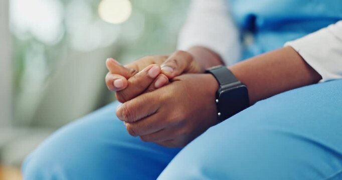 Anxiety, hands and nurse in hospital with worry for pressure, medical crisis or risk in nursing career. Clinic, stress and person with anxious gesture, nervous and unsure for healthcare mistake
