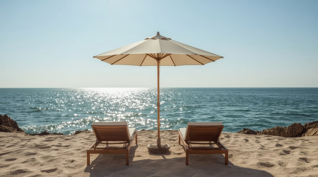 Coastal lounge beneath canvas umbrella facing sparkling sea horizon