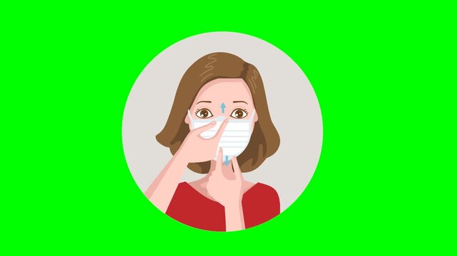Animated woman putting on medical face mask on green screen