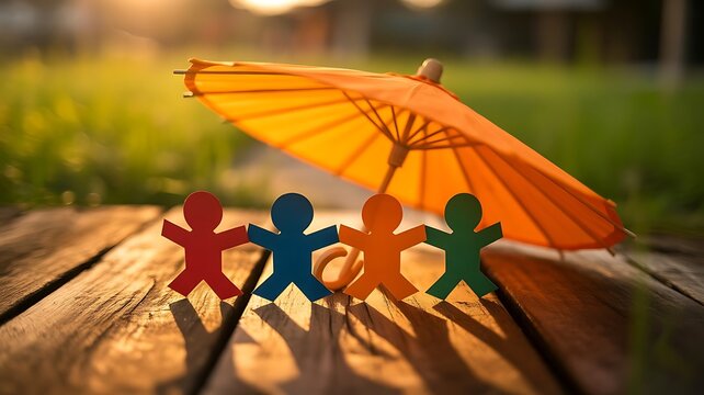 Colorful paper cutout figures standing together under a bright orange umbrella on a wooden surface during sunset with soft natural light background