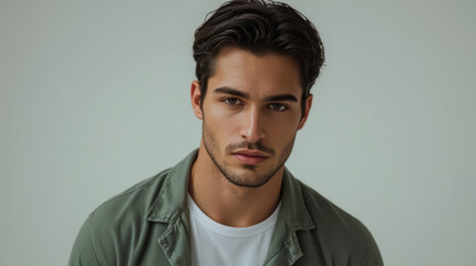 Obraz premium Sculpted jawline athletic man portrait with serious expression in muted clothing