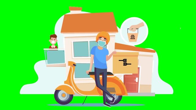 Animated food delivery courier on scooter in front of house with green screen
