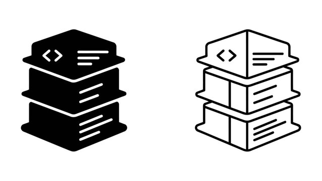 Code Stack Icon: A pair of stylized icons representing a stack of code or data, one solid black and the other outlined in black on a white background. Symbolizing programming, data management.