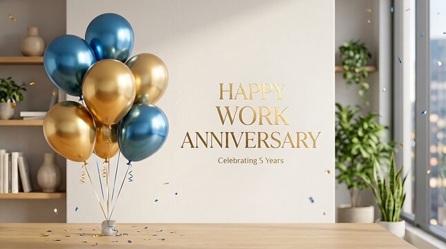 Gold and blue balloons celebrate work anniversary with confetti