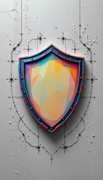 Structured flat shield holograms formed by clean graphic line elements are highlighted in a clean minimalist illustration setup