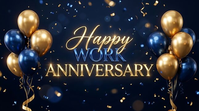 Gold and blue balloons with confetti and happy work anniversary text celebration