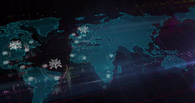 Worm virus cyberattack warning symbols over world map. Seamless looped technology concept.