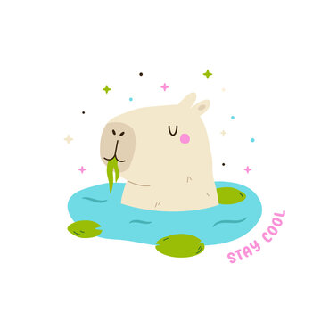 Funny capybara sitting in a pond. Cute animal design