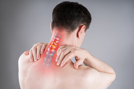 Osteochondrosis, neck pain, cervical spine hernia, man suffering from ache, painful area highlighted in red with illustration anatomical vertebrae