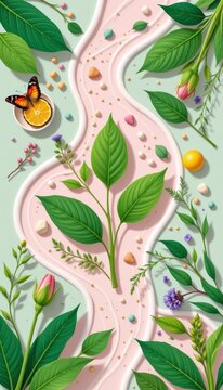Illustrative skincare herb paths created by dynamic flat graphic moisture patches are displayed from a clean premium creative perspective