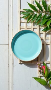 Skincare lattice layouts woven from flat minimalist aqua plates are showcased against a clean simple modern background