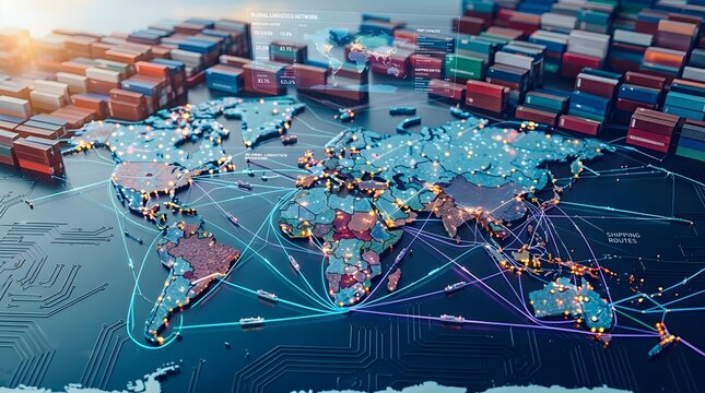 Global logistics network map with international shipping routes and cargo containers