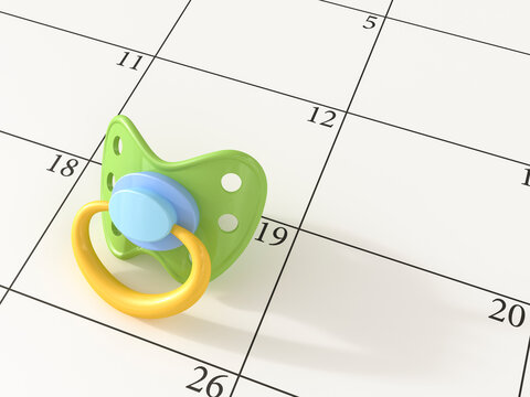 Pacifier lying on calendar, 3D Rendering