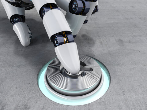 Robot pushing button, 3d rendering