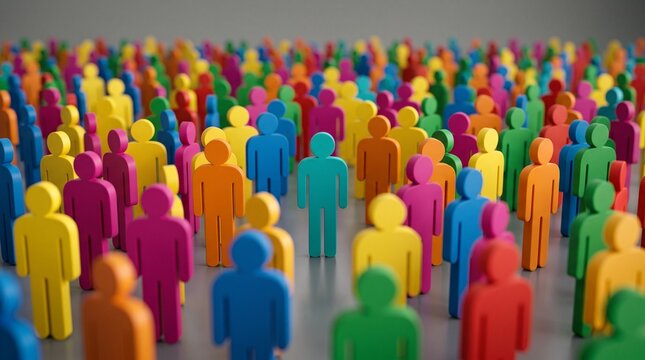 A vibrant, diverse crowd of colorful stylized human figures standing closely together, representing community and individuality.