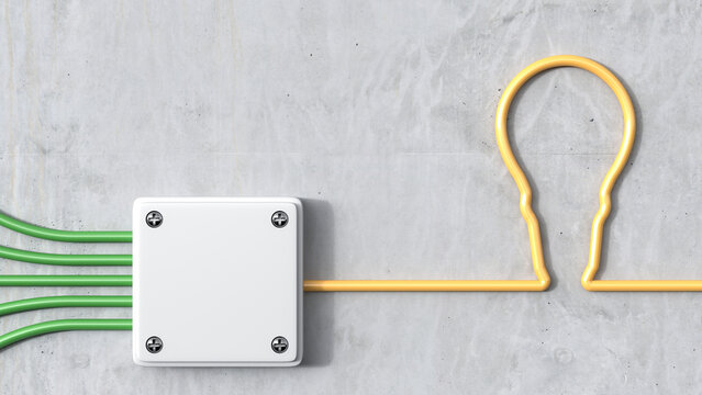 3D Rendering, distributor with bulb, yellow and green power cables