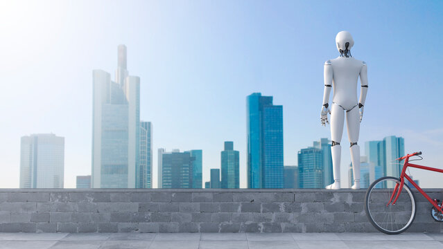 Robot standing on wall looking at skyline