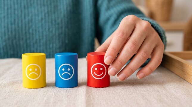 A hand selecting a red cylinder with a happy face emoji among other emotional rating blocks, representing positive feedback or mood.