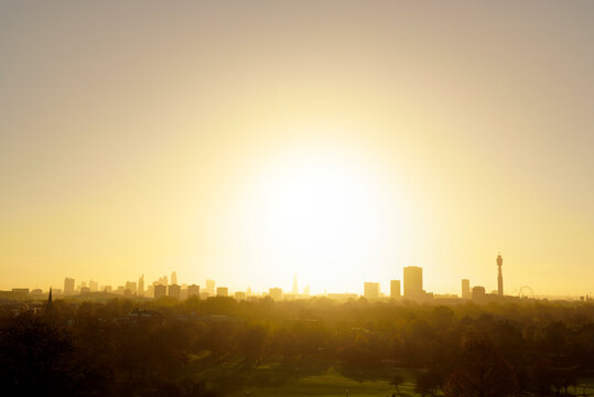 UK, London, skyline as seen from Primrose Hill in backlight