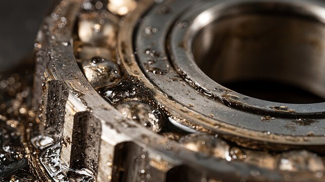 Close up view of a damaged mechanical ball bearing covered in metal shavings.