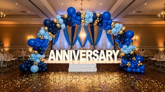 Blue gold balloon arch over anniversary letters in event hall