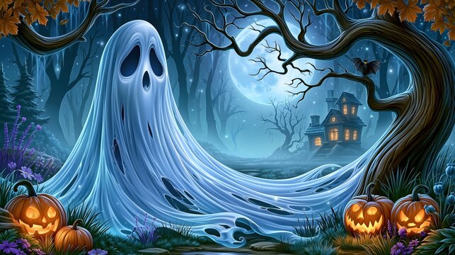 Boo night - cute cartoon Halloween background of ghost